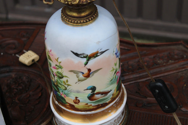 pair antique french 19thc faience hand paint birds Floral decor lamps rare