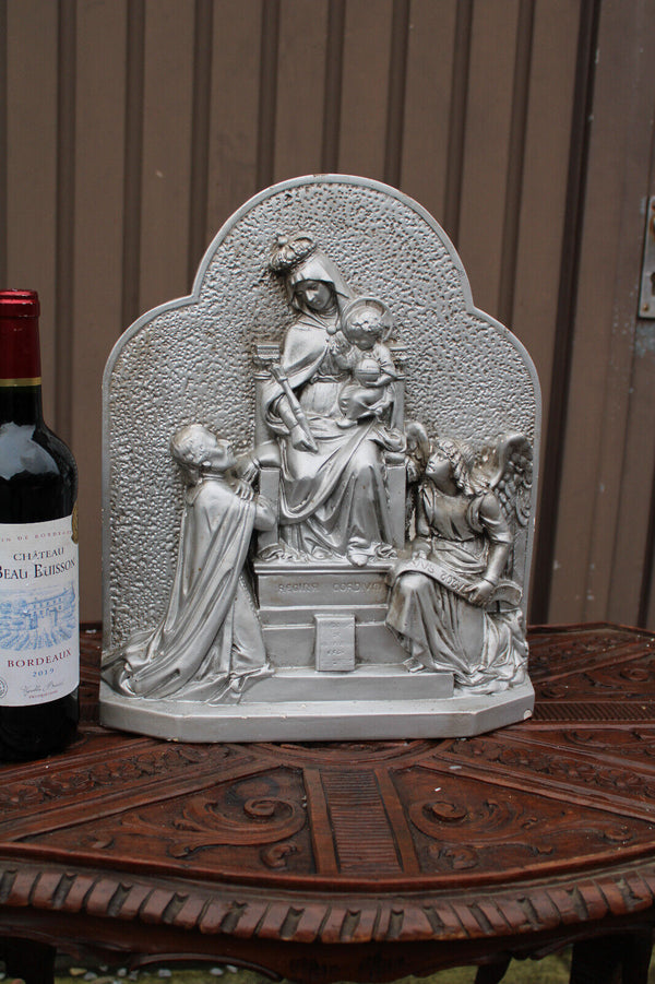 Antique ceramic chalk large statue religious regina cordium monfort mary angels