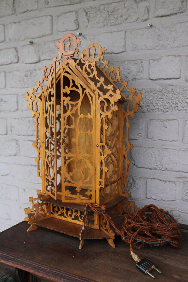 French wood cut 1950 religious chapel Statue for saint with lamp