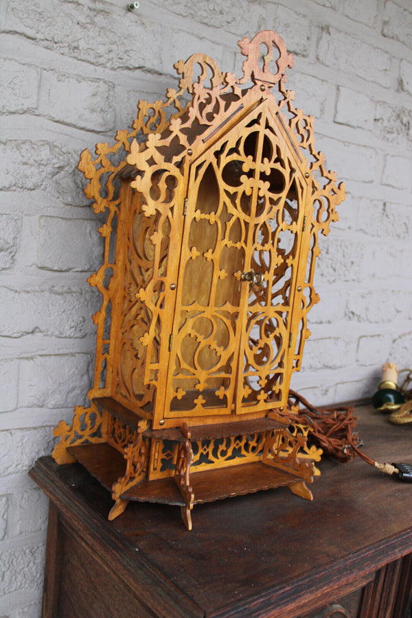 French wood cut 1950 religious chapel Statue for saint with lamp