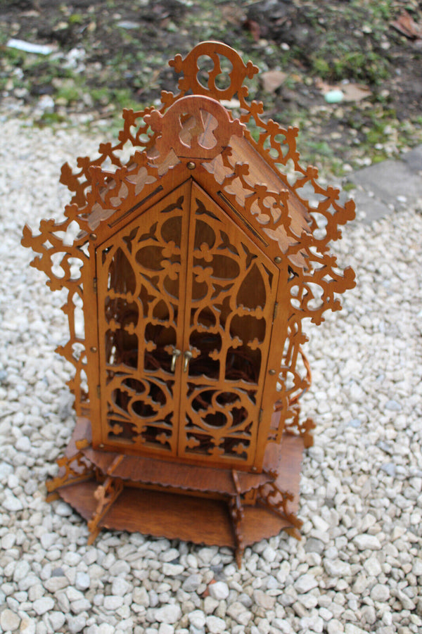 French wood cut 1950 religious chapel Statue for saint with lamp