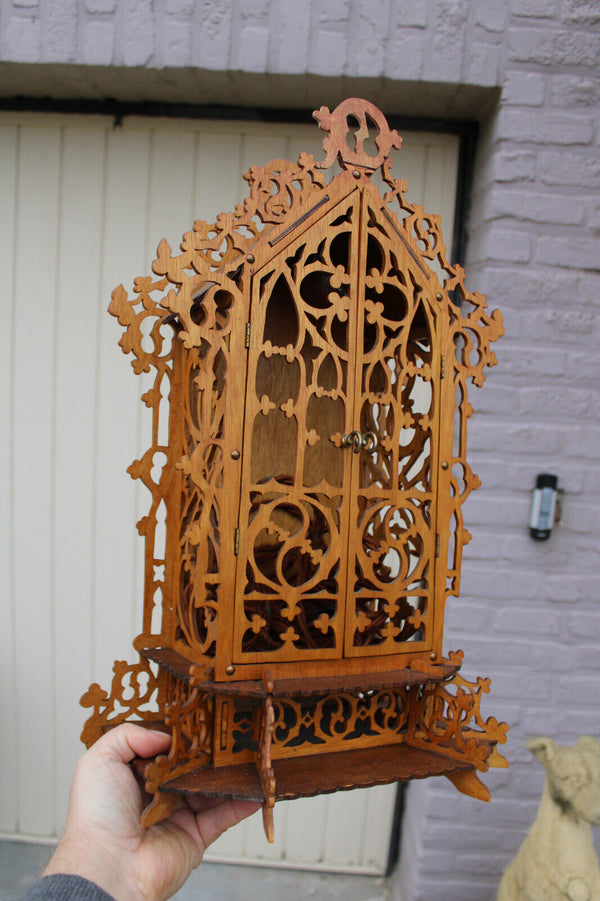 French wood cut 1950 religious chapel Statue for saint with lamp