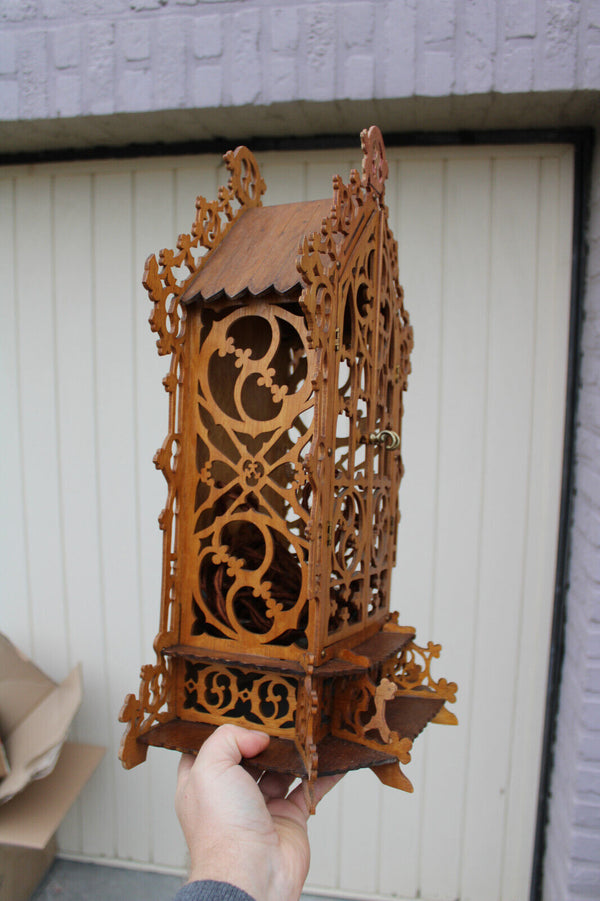 French wood cut 1950 religious chapel Statue for saint with lamp