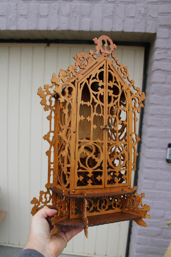 French wood cut 1950 religious chapel Statue for saint with lamp