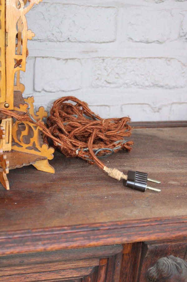 French wood cut 1950 religious chapel Statue for saint with lamp