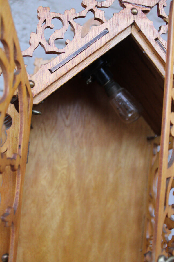 French wood cut 1950 religious chapel Statue for saint with lamp