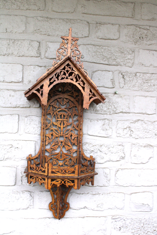 French wood cut 1950 religious wall chapel console for saint statue