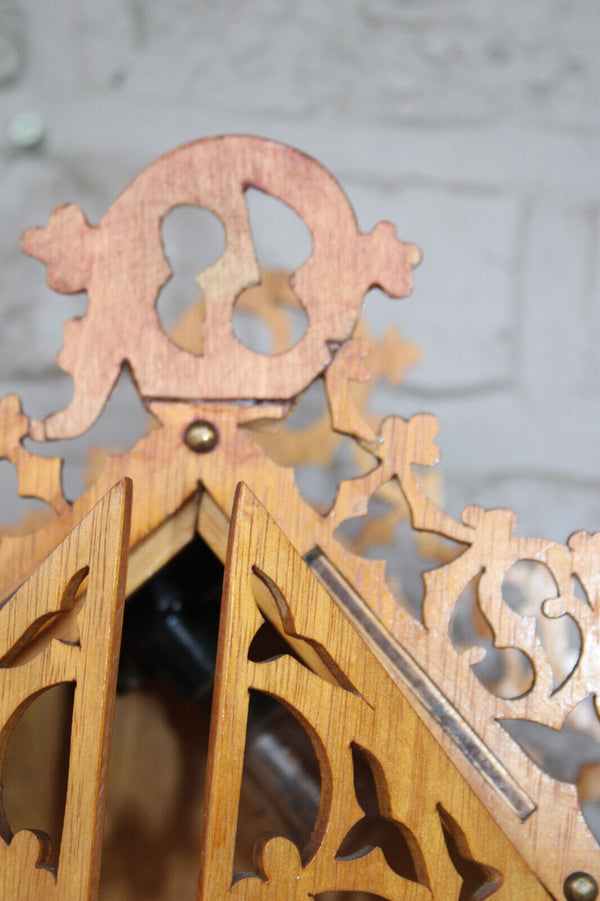 French wood cut 1950 religious chapel Statue for saint with lamp