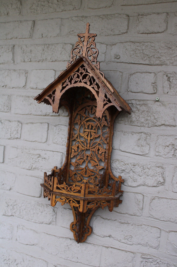 French wood cut 1950 religious wall chapel console for saint statue