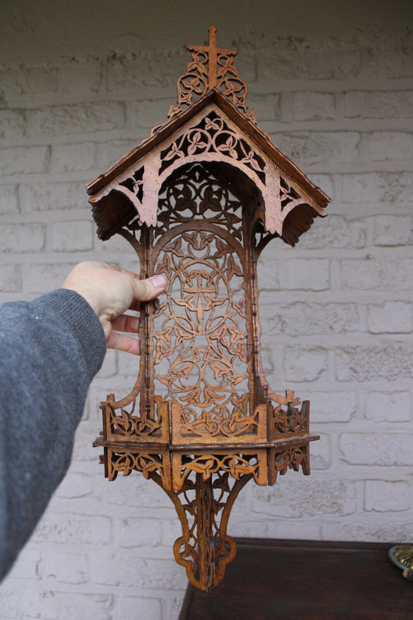 French wood cut 1950 religious wall chapel console for saint statue