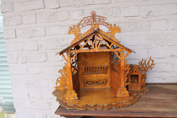 Vintage 1950 wood cut nativity stable statue christmas angels