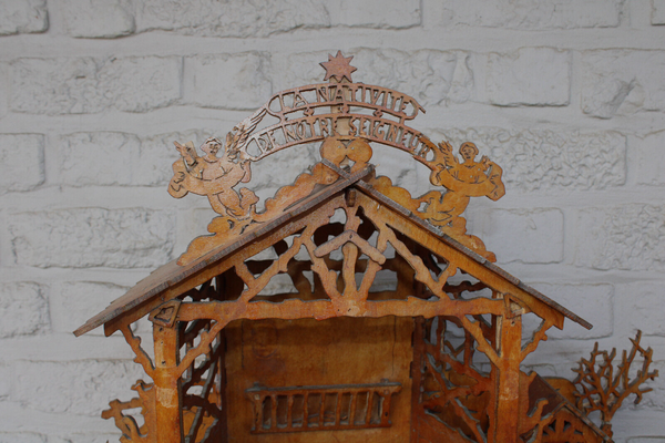 Vintage 1950 wood cut nativity stable statue christmas angels