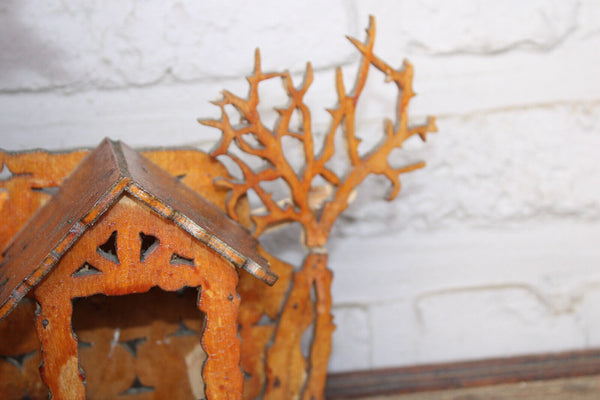 Vintage 1950 wood cut nativity stable statue christmas angels