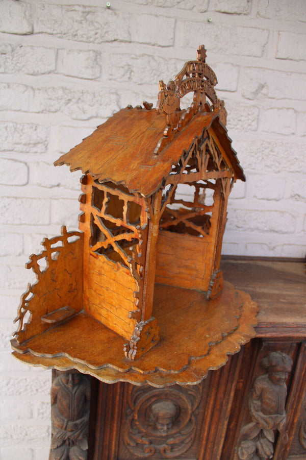 Vintage 1950 wood cut nativity stable statue christmas angels