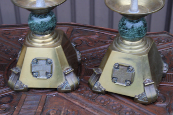 Set 3 Religious altar church candlestick candle holder crucifix bronze marble