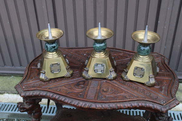 Set 3 Religious altar church candlestick candle holder crucifix bronze marble