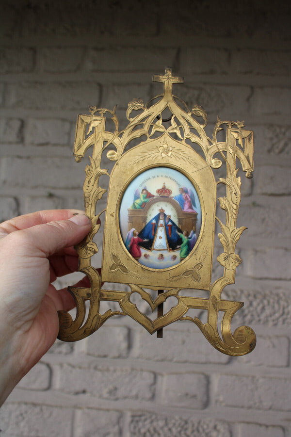 Antique Brass metal cut frame porcelain medaillon madonna statue plaque rare