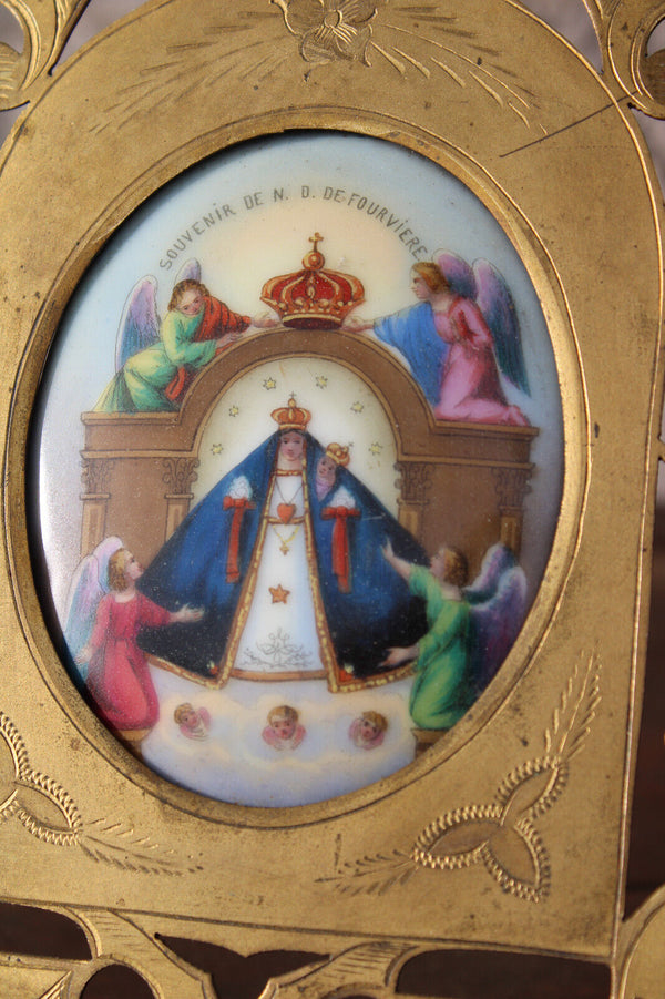 Antique Brass metal cut frame porcelain medaillon madonna statue plaque rare