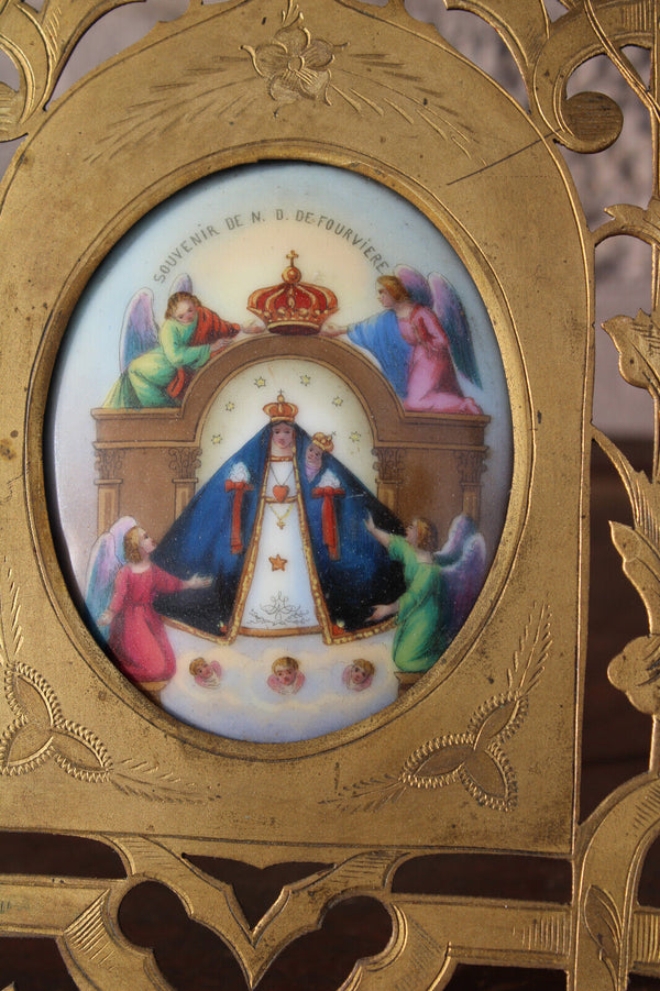 Antique Brass metal cut frame porcelain medaillon madonna statue plaque rare