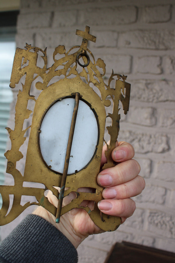 Antique Brass metal cut frame porcelain medaillon madonna statue plaque rare