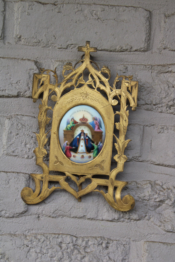 Antique Brass metal cut frame porcelain medaillon madonna statue plaque rare