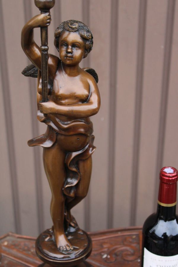 PAIR 1950 Bronze putti cherub candlesticks candle holder statue