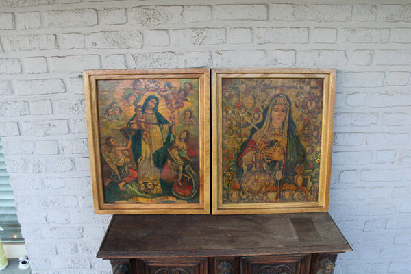 PAIR antique oil on tinplate Religious paintings madonna putti angels set