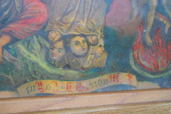 PAIR antique oil on tinplate Religious paintings madonna putti angels set
