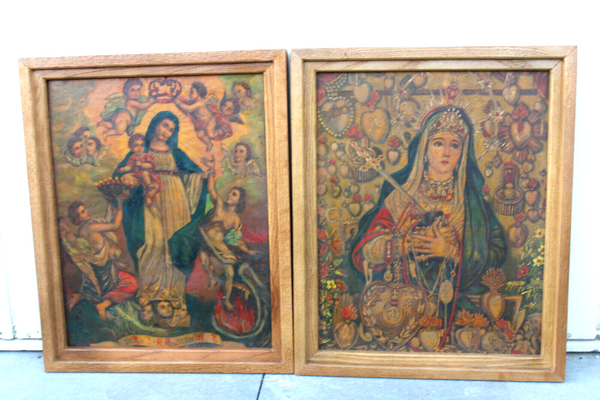 PAIR antique oil on tinplate Religious paintings madonna putti angels set