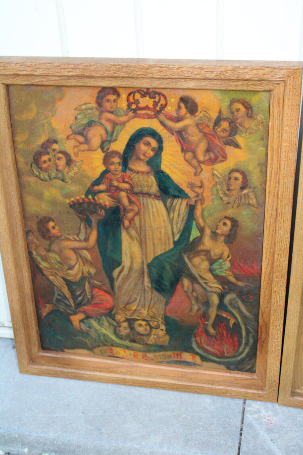 PAIR antique oil on tinplate Religious paintings madonna putti angels set