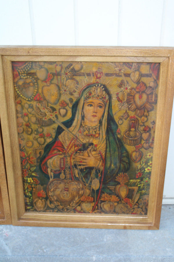 PAIR antique oil on tinplate Religious paintings madonna putti angels set