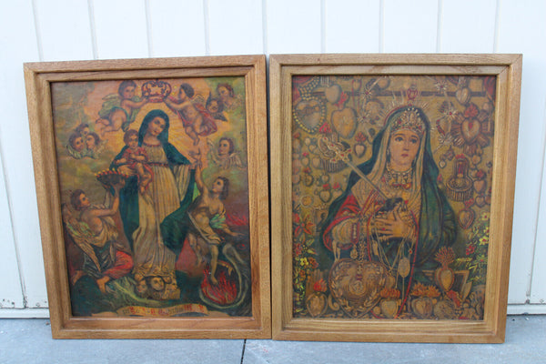 PAIR antique oil on tinplate Religious paintings madonna putti angels set