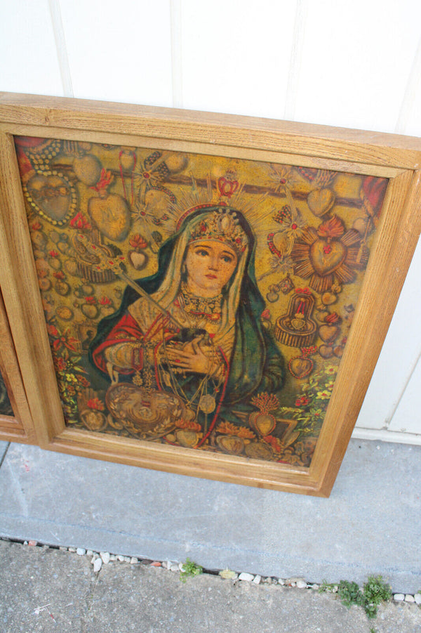 PAIR antique oil on tinplate Religious paintings madonna putti angels set