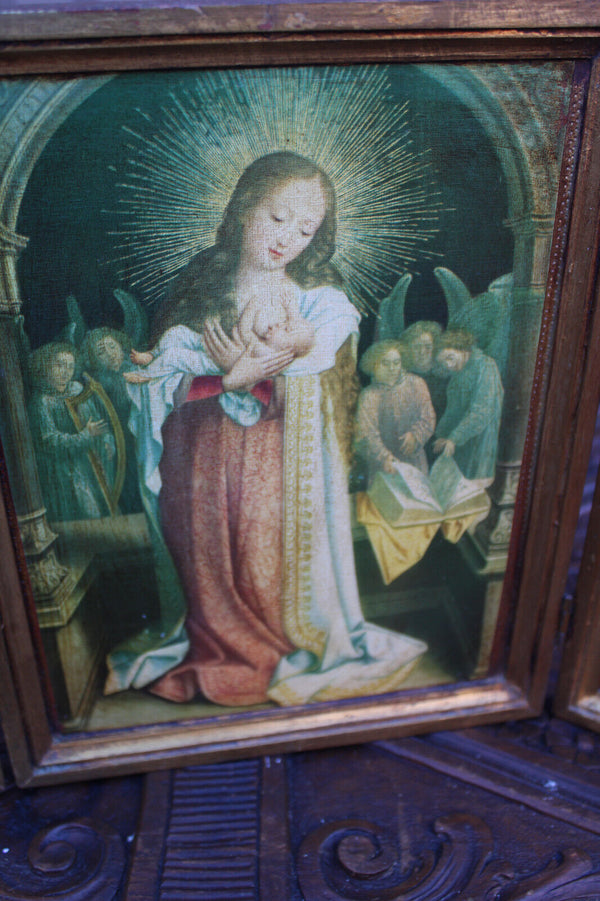 Italian 1970 Triptych wood carved plaque angels madonna