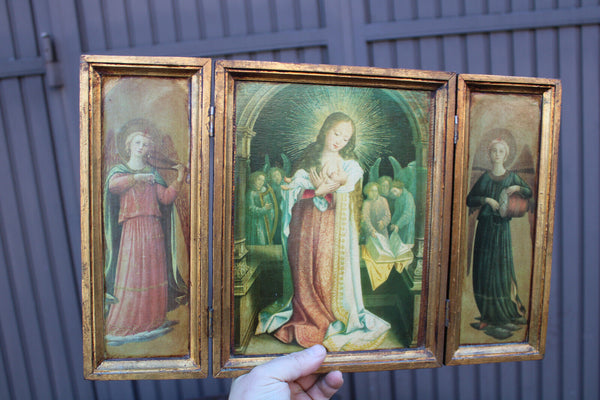 Italian 1970 Triptych wood carved plaque angels madonna
