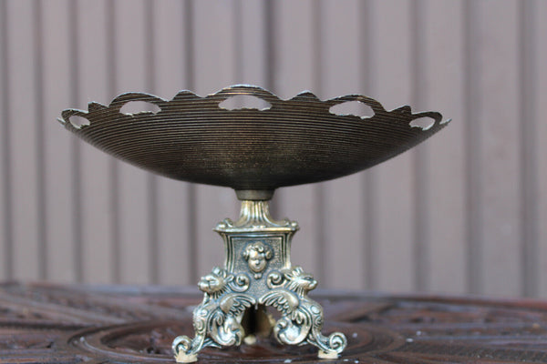 Antique brass metal tripod lion paws angel vide poch tray