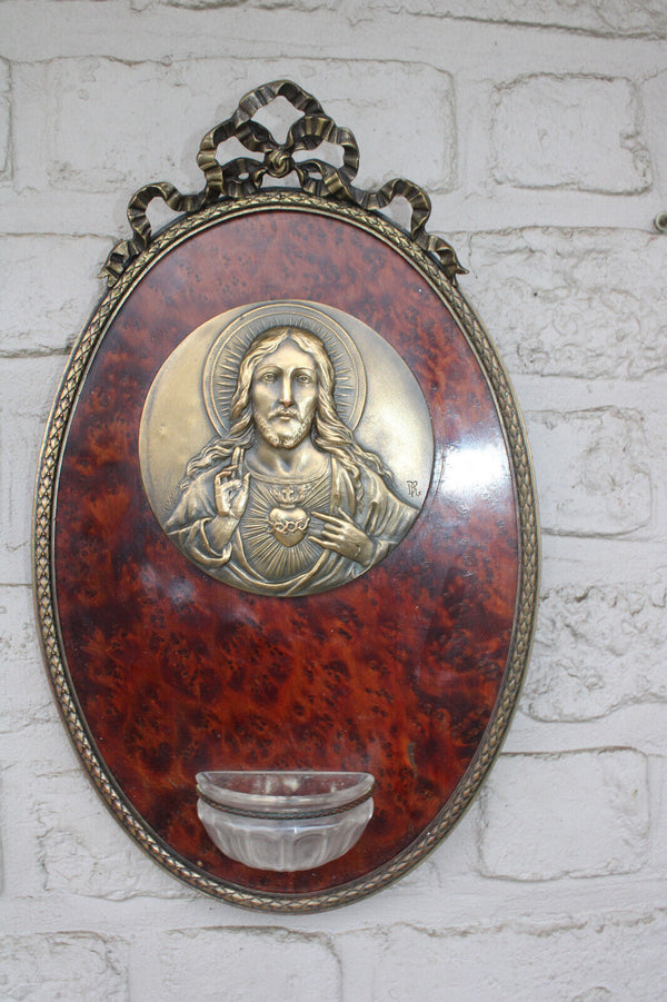 Antique French religious wall plaque holy water font sacred heart medaillon