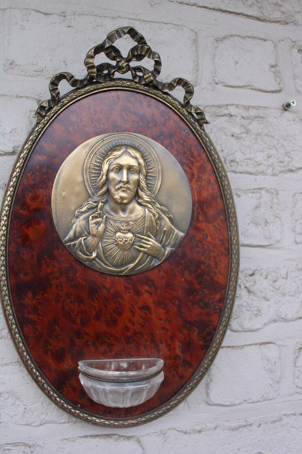 Antique French religious wall plaque holy water font sacred heart medaillon