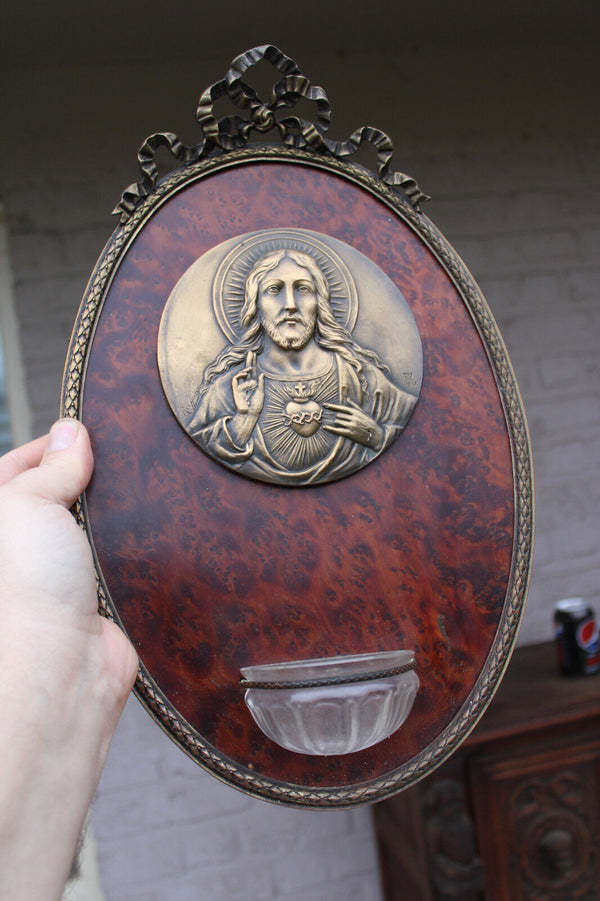 Antique French religious wall plaque holy water font sacred heart medaillon