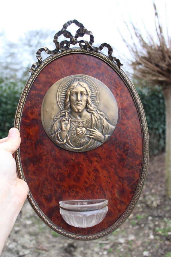 Antique French religious wall plaque holy water font sacred heart medaillon