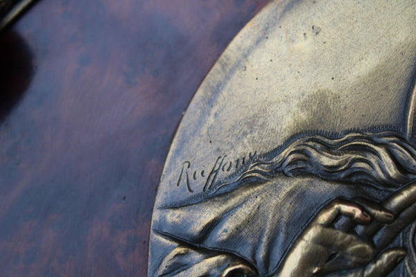 Antique French religious wall plaque holy water font sacred heart medaillon