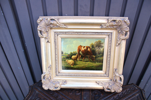 Flemish school oil panel cows sheep landscape scene painting signed