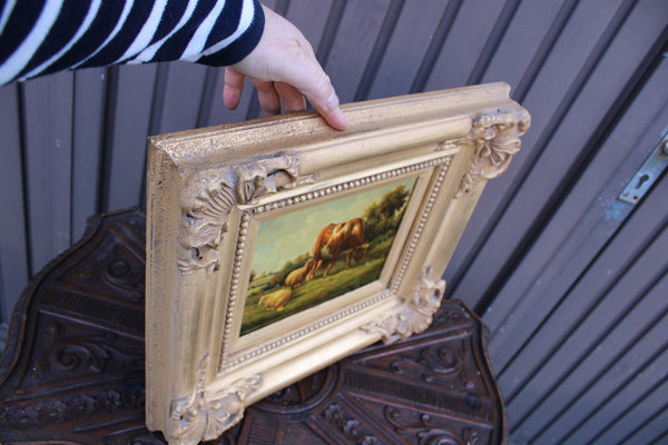 Flemish school oil panel cows sheep landscape scene painting signed