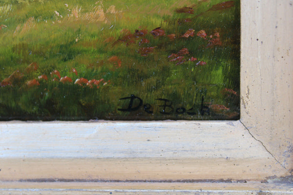 Flemish school oil panel cows sheep landscape scene painting signed