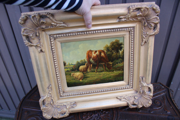 Flemish school oil panel cows sheep landscape scene painting signed