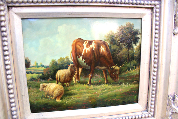 Flemish school oil panel cows sheep landscape scene painting signed