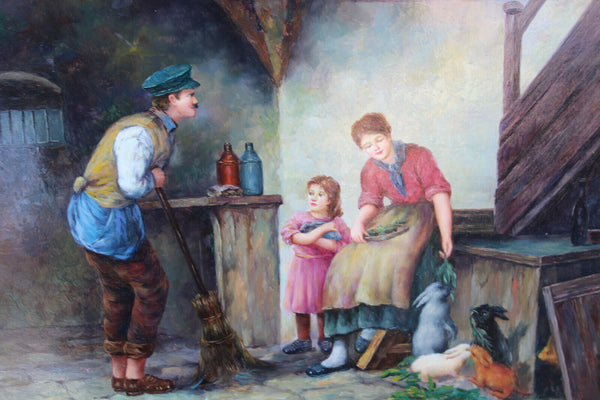 Flemish school oil panel family rabbits feed painting signed