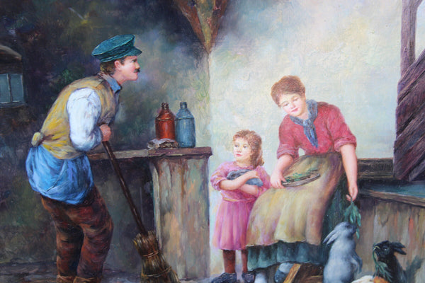 Flemish school oil panel family rabbits feed painting signed