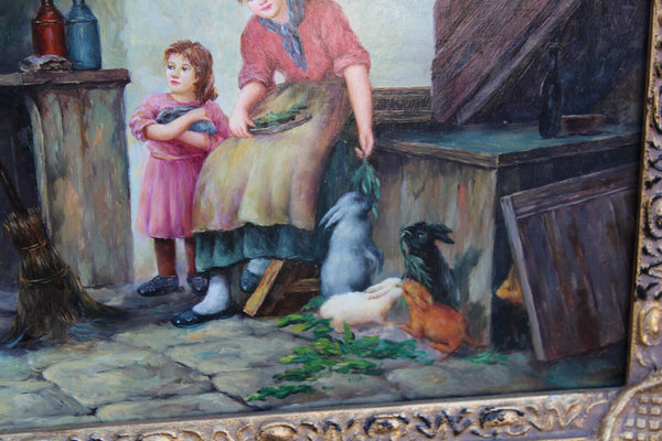 Flemish school oil panel family rabbits feed painting signed
