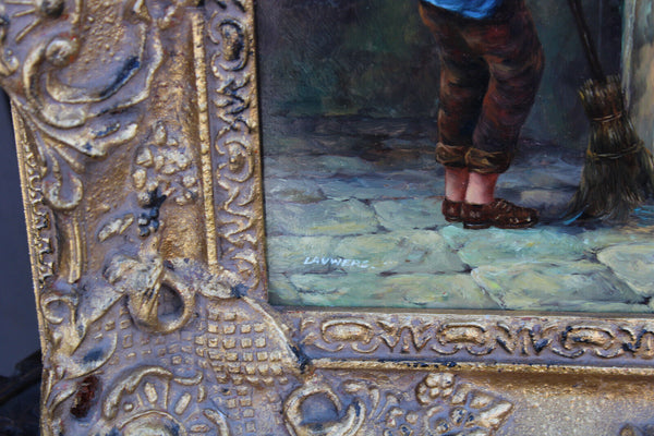 Flemish school oil panel family rabbits feed painting signed